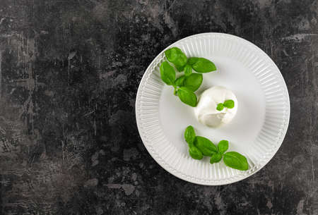 Vegetarian appetizer - Burrata cheese with fresh basil and olive oil. Italian food. Flat lay, copy space. Minimalistic concept.の写真素材