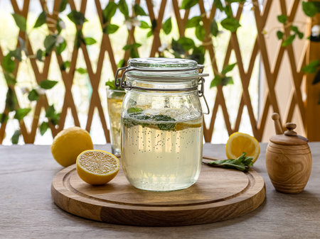 Homemade Fermentation, Probiotic Honey Lemonade Soda. Refreshing summer drink.
