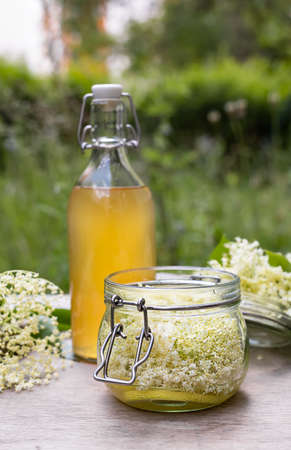 Classic elderflower cordial recipe with wild foraged elderflowers and fresh lemon juice. The easy-made base for summer lemonades, drinks, and also baking. Vertical orientationの写真素材