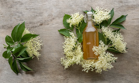 Sweet, seasonal elderflower lemonade made with cordial, lemons, and honey instead of sugar. Summer drink with edible flowers, easy to make.の写真素材