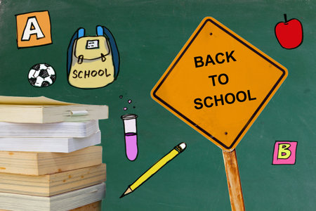 Drawing of Back to school concept with blackboard on background