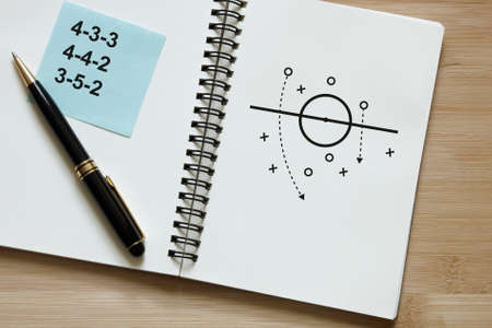notebook of manager football with formation plan, soccer manager strategy, manager learning football tacticsの写真素材