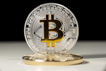 Shining metal BTC bitcoin coins on black and white background.