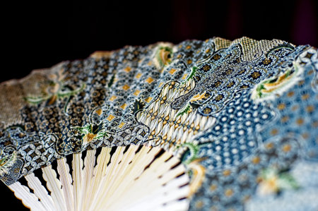 Fabric and bamboo oriental hand fan on black background