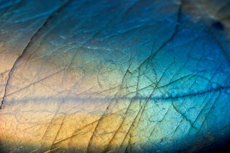 Full frame of green blue and yellow Labradorite crystal stone surface background.の写真素材