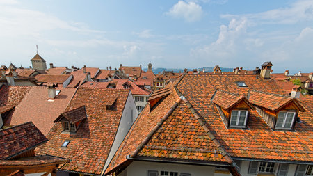 Old town red roofs in Murten, Switzerland.の写真素材