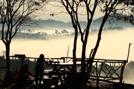 the fog on top a mountain in khaokhor of thailandの写真素材