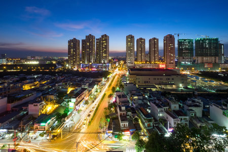 HAGL - HO CHI MINH CITY, VIETNAM - OCTOBER 27, 2015: Aerial sunshine view of tower Center of Ho Chi...