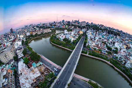 HOCHIMINH CITY, VIETNAM - OCTOBER 19, 2015: Parkview aerials of houses and Business and Administrative Center of Ho Chi Minh (SAIGON) city on NHIEU LOC canalのeditorial素材