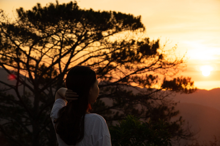 Beautiful sunrise in the morning, alone girl looking beautiful sunrise in the forestの写真素材