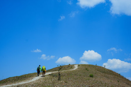 Trail for trekking on hill. Royalty free stock photo in the same dayの写真素材