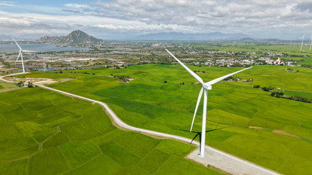 Wind turbine farm above rice paddy fields, renewable energy with agriculture scenery, clean power...