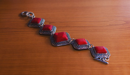 Women beutiful accessory with red gemstone on the tableの写真素材