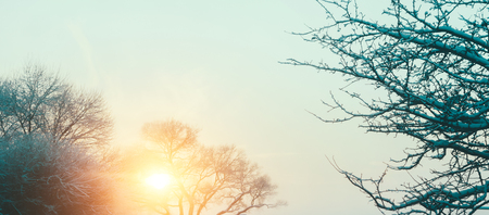 Sunset on the frozen lake in winter timeの写真素材
