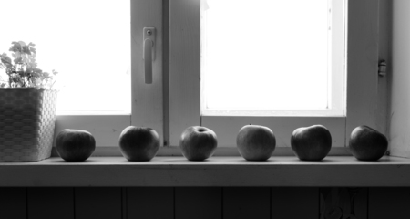 Black and white photo of the apples on the home windowの写真素材