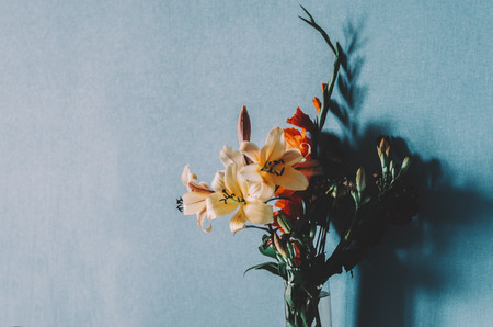 Bouquet of flowers on the blue wall backgroundの写真素材
