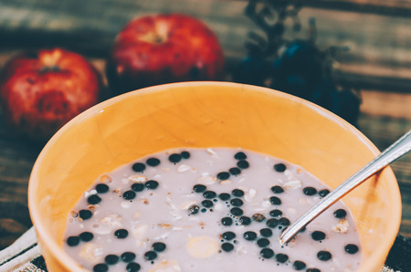 Bowl of muesli and yogurt with fresh grape and applesの写真素材