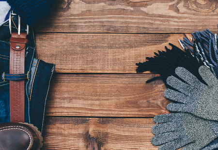 Outfit man autumn clothes on wooden backgroundの写真素材