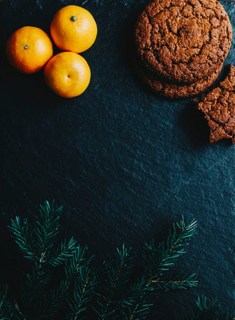 Cookies and orange on the black stone backgroundの写真素材