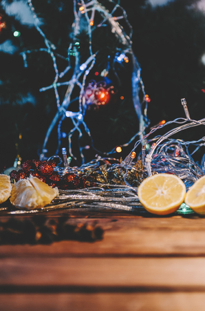 Christmas decoration with rustic wooden backgroundの写真素材