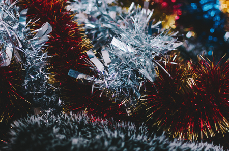 Christmas ren, gold and green decoration tinsel  and balls for treeの写真素材