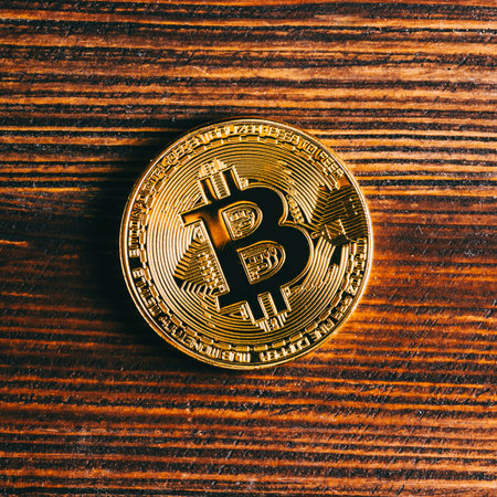 Metal bitcoin on wooden table. Close up. Business background.