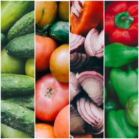 Healthy fresh vegetables background, photo collageの写真素材