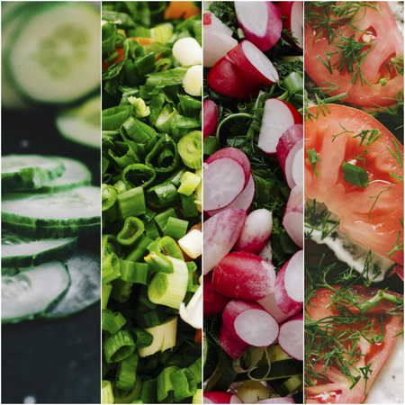 Healthy fresh vegetables background, photo collageの写真素材