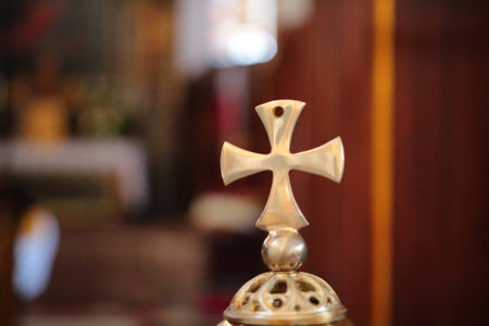 Cross in a church, shallow depth of field, selective focus.の写真素材