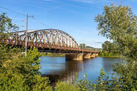 Old steel railway bridge over the river VÃ¡h, in PÃºchov, Slovakia.の写真素材