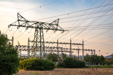 An electrical distribution network located near a small hydroelectric plant.