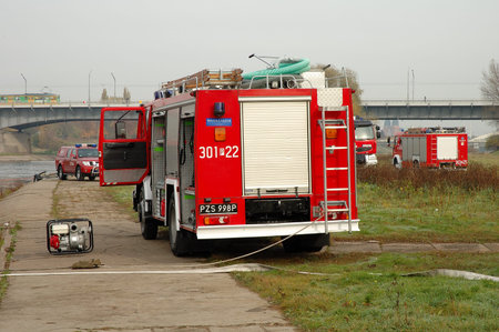 POZNAN, POLAND - OCTOBER 25  Fire brigade exercises on Warta river bank in Poznan Poland 25 10 2013
