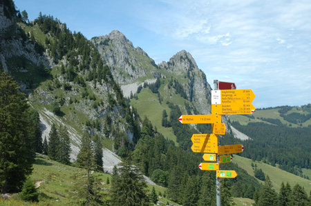 Trail direction signs nearby Grosser Mythen mountain in Alps in Switzerland.のeditorial素材