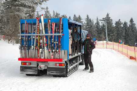 Janske Lazne Czech Republic February 17 2015: Unidentified people in snowmobile bus on top of Cerna Hora mountain in Janske Lazne in the Czech Republic.のeditorial素材
