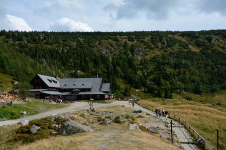 Karpacz, Poland - September 3, 2015: Mountain hostel Samotnia in Karkonosze mountains in Poland. Unidentified people visible.のeditorial素材