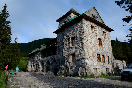 Kuznice, Poland - June 14, 2016: Murowaniec mountain hostel in Tatra mountains in Poland. Unidentified people visible.のeditorial素材