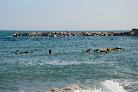 Barcelona, Spain - December 3, 2016: Unidentified surfers in Barcelona, Spain.のeditorial素材
