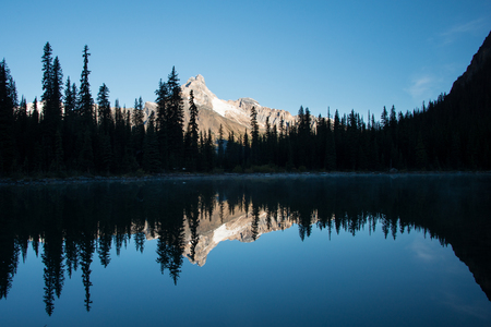 Mountains reflected in the clear waters in Lake O'Hara, Yoho National Park, Canadaの写真素材
