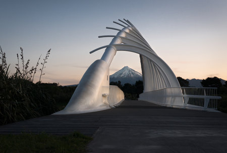 Mount Taranaki framed by Te Rewa Rewa bridge at Sunset, New Plymouth New Zealandのeditorial素材