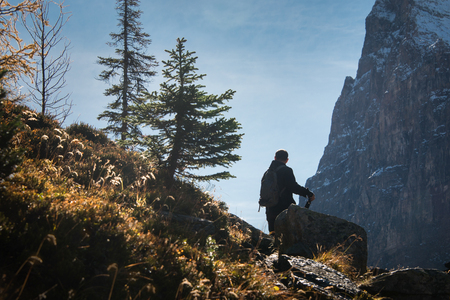 Hiking at Lake O'Hara in autumn, Yoho national Park, Canadaの写真素材