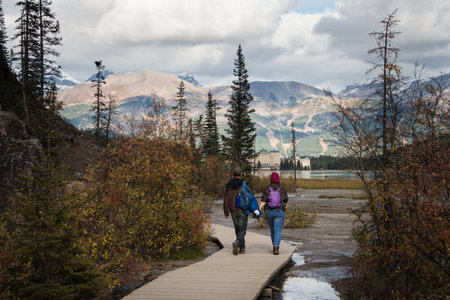 Hiking Plain of Six Glaciers towards Lake Louise in Autumn, Banff National Park, Canadian Rockiesのeditorial素材
