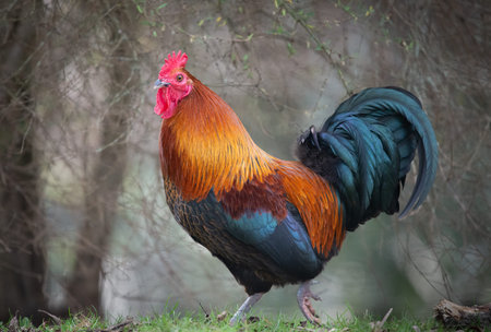 A proud wild rooster in colourful coat walking in the Western Spring park in Auckland