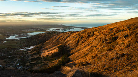 Panoramic view of Port Hills at sunset, Canterbury, South Island of New Zealandの写真素材