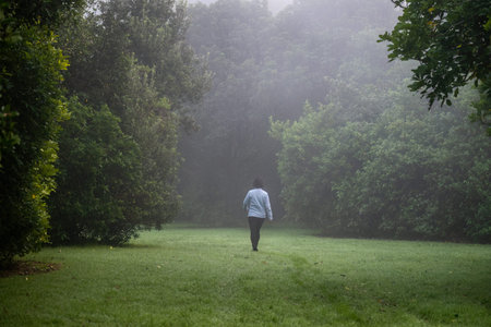 Woman walking in the fog on green grass framed by trees.