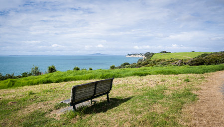 Empty bench overlooking the view of Hauraki Gulf with Rangitoto Island in the distance. Long Bay Coastal Walkway. Auckland.の写真素材