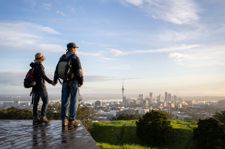 Couple standing on Mt Eden summit and watching sunrise over Auckland city. Selective focus on people in foreground.の写真素材