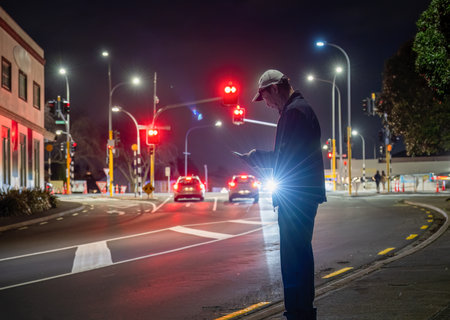 Tourist checking map on smartphone by the roadside. Out-of-focus cars and red traffic light at intersection. Auckland.の写真素材