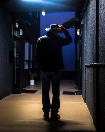Silhouette man standing in a dark narrow archway under ceiling light. Vertical format.の写真素材