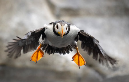 Horned Puffin (Fratercula corniculata) in breeding plumage jumping off rock, Alaska, USA.の写真素材
