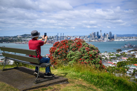 Tourist taking photos using smartphone of Auckland Sky Tower. Pohutukawa blooms on the hill.の写真素材